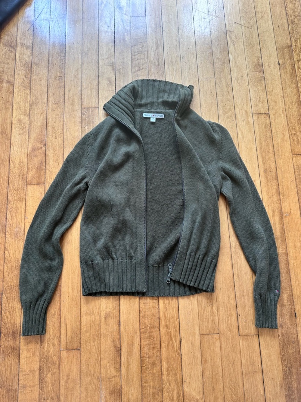 Tommy Hilfiger Olive Green Zip-Up Ribbed Collar Cardigan
